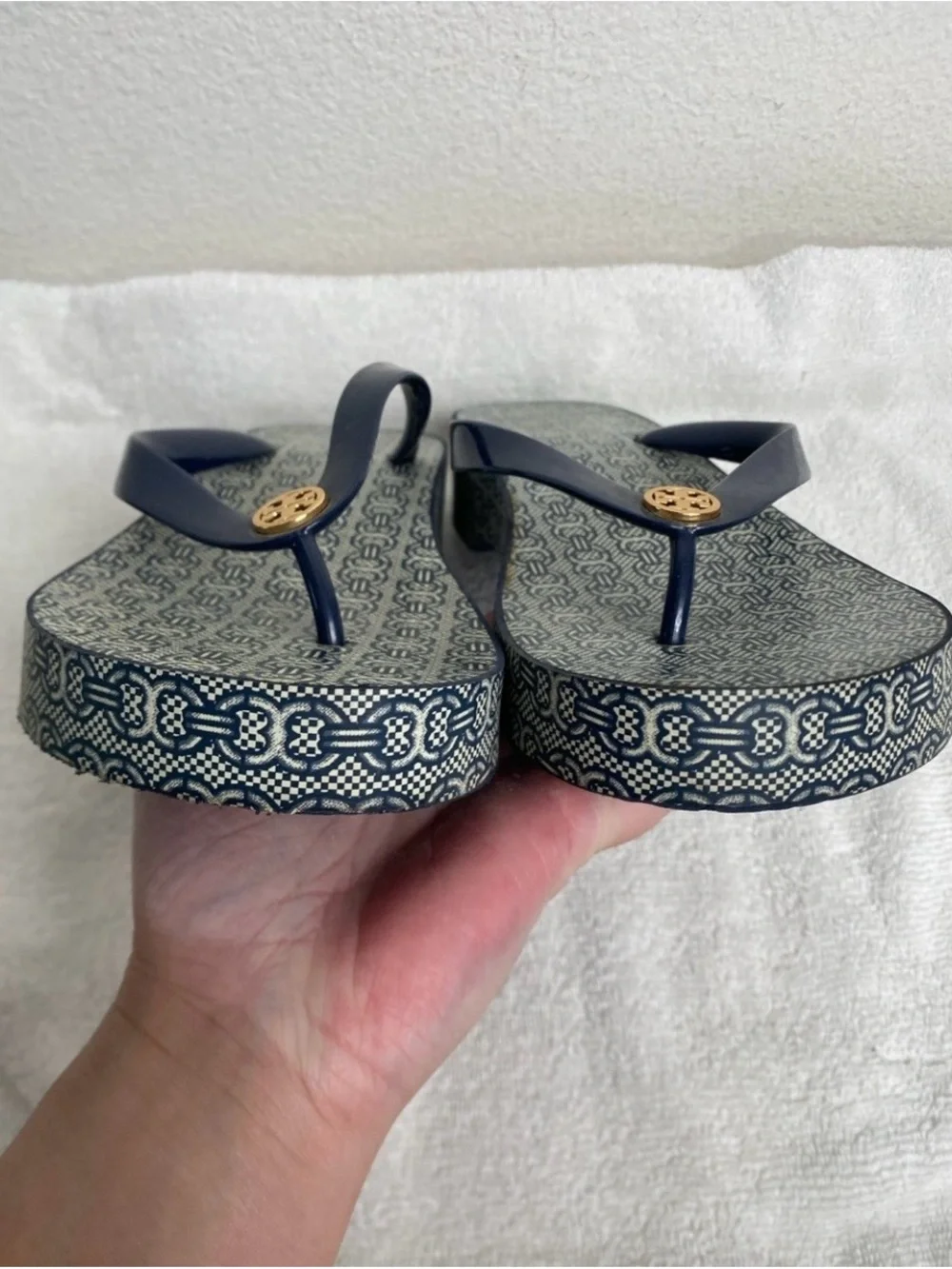 Tory Burch Women Navy Chainlink Platform Thong Sandal Size 8.5 Coastal Classic